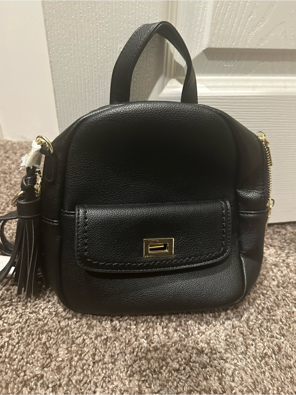Black Leather Mini Crossbody Bag with Tassel